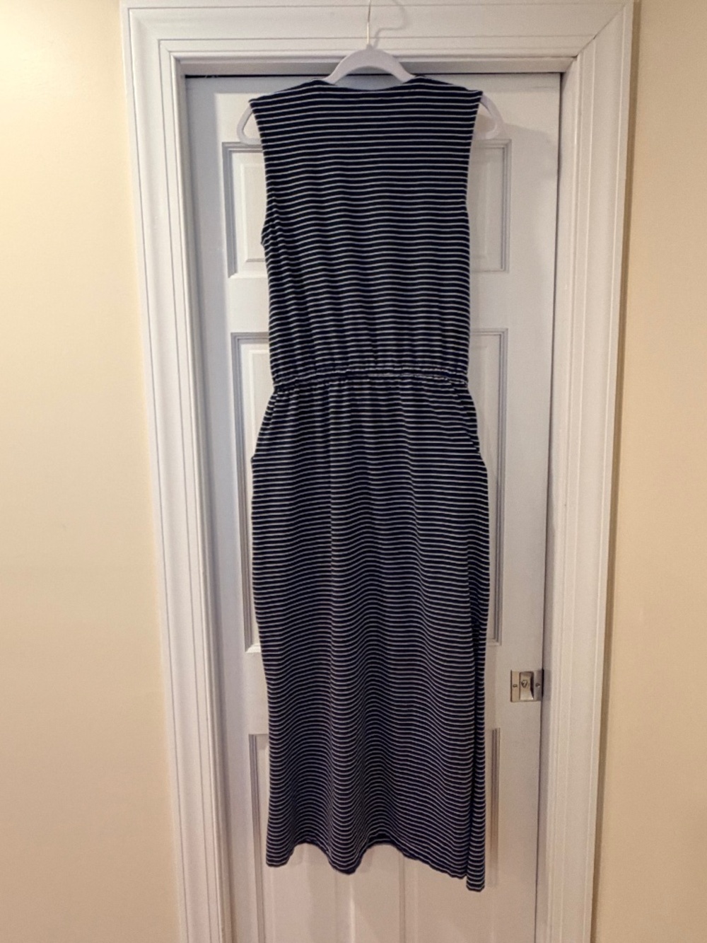 EUC PACT Organic Cotton Navy and White Stripe Maxi Dress Size M - Picture 2 of 5